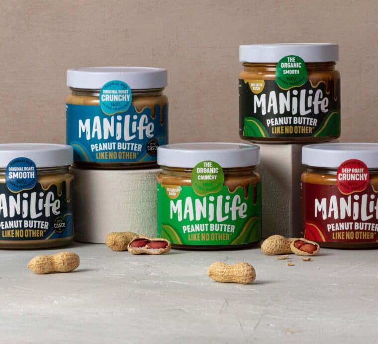 ManiLife five different types of peanut butter in glass jars